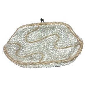 Vintage MCM Kiss Lock Formal Clutch Purse Iridescent Sequin Pearl Beaded